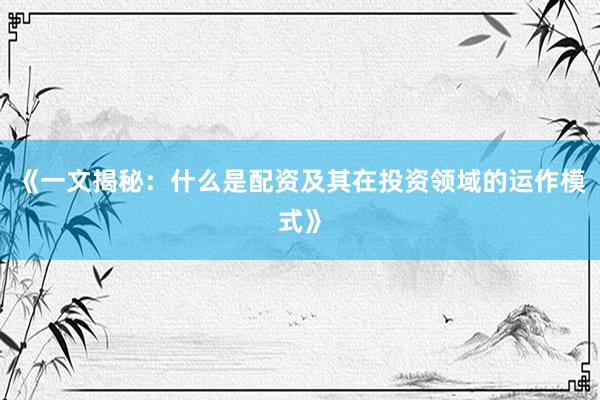 《一文揭秘：什么是配资及其在投资领域的运作模式》