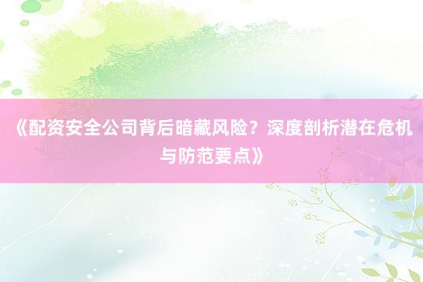 《配资安全公司背后暗藏风险？深度剖析潜在危机与防范要点》